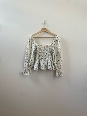 H&M Cream Smocked Floral Peasant Top with Blue Print